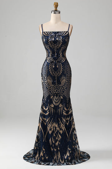 Sparkly Navy Spaghetti Stropper Havfrue Gallakjole